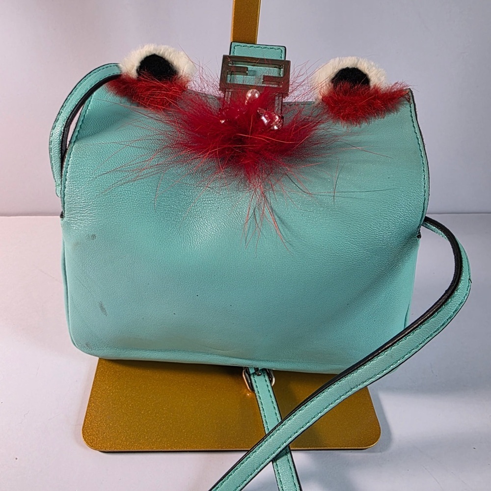Fendi Monster Micro Baguette in Teal Blue and Red Fur Crossbody Bag - Picture 3 of 7